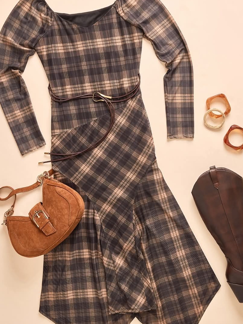 Harlow Brown and Beige Plaid Belted Midi Dress